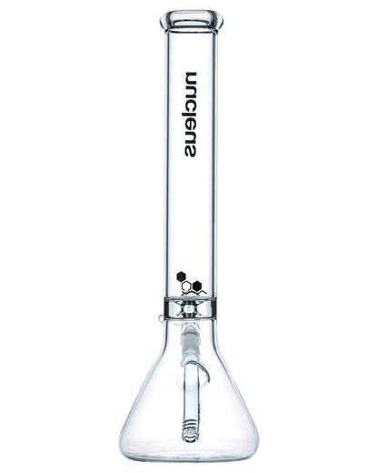 Front view of the Nucleus 12" Beaker Bong with Donut Style Ice Catcher, showing the clear glass and simple beaker shape.