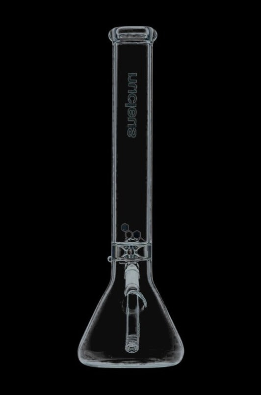 Front view of the Nucleus 12" Beaker Bong with Donut Style Ice Catcher, showcasing its clear glass construction and simple beaker shape.