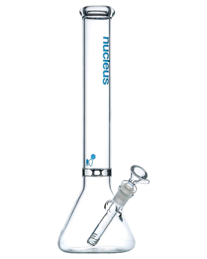 A front view of the Nucleus 12" Beaker Bong with Donut Style Ice Catcher, showcasing its clear glass construction and simple beaker shape.