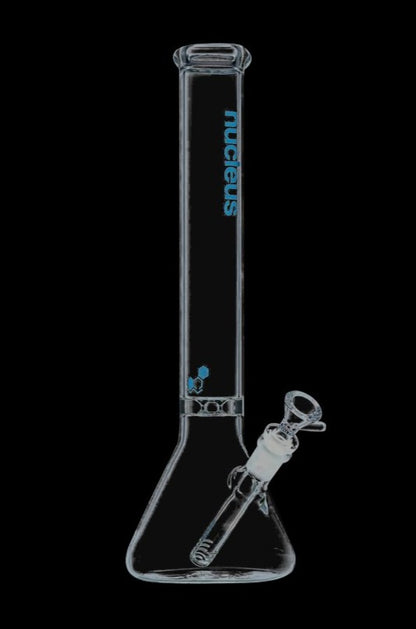 A front view of the Nucleus 12" Beaker Bong with Donut Style Ice Catcher, showing its clear glass construction and simple cylindrical shape.