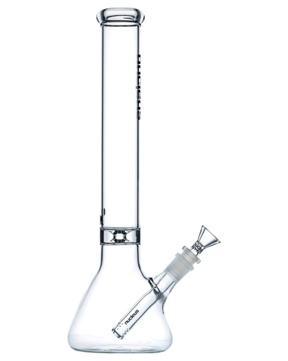 A front view of the Nucleus 12" Beaker Bong with Donut Style Ice Catcher, showcasing its clear glass construction and classic beaker shape.