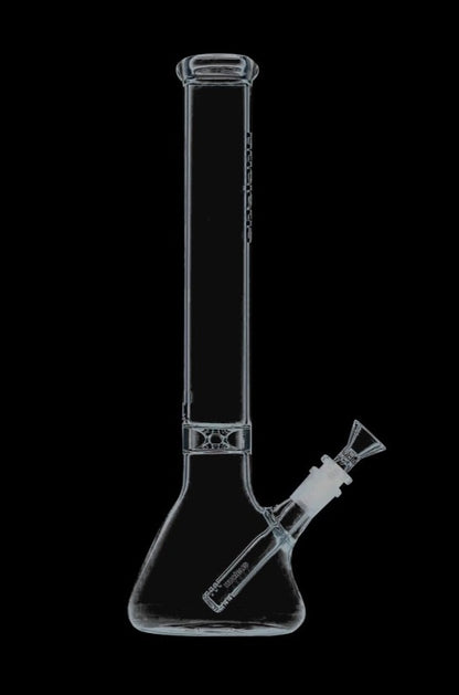 A front view of the Nucleus 12" Beaker Bong with Donut Style Ice Catcher, showcasing its clear glass construction.