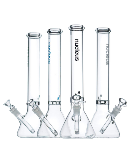 A front view of the Nucleus 12" Beaker Bong with Donut Style Ice Catcher, showing a clear glass bong with a wide base and cylindrical form.