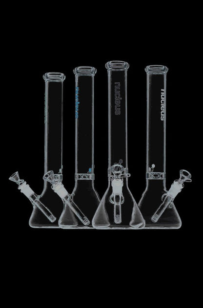 A front view of the Nucleus 12" Beaker Bong with Donut Style Ice Catcher, showcasing its clear glass construction and simple beaker shape.