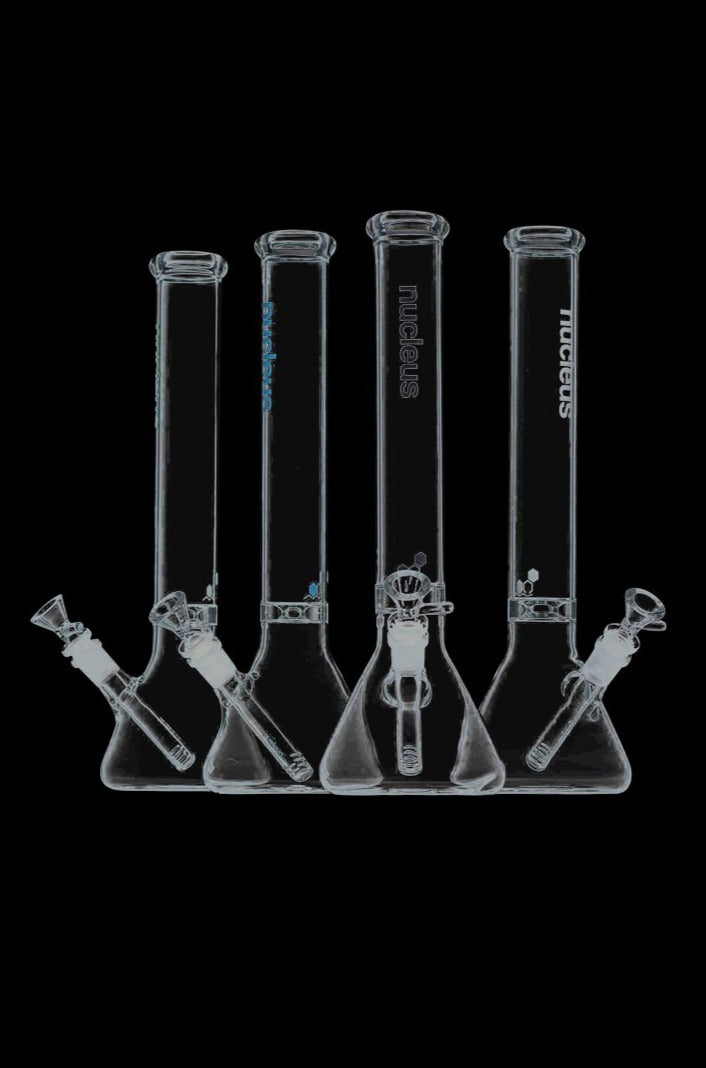 A front view of the Nucleus 12" Beaker Bong with Donut Style Ice Catcher, showcasing its clear glass construction and simple beaker shape.
