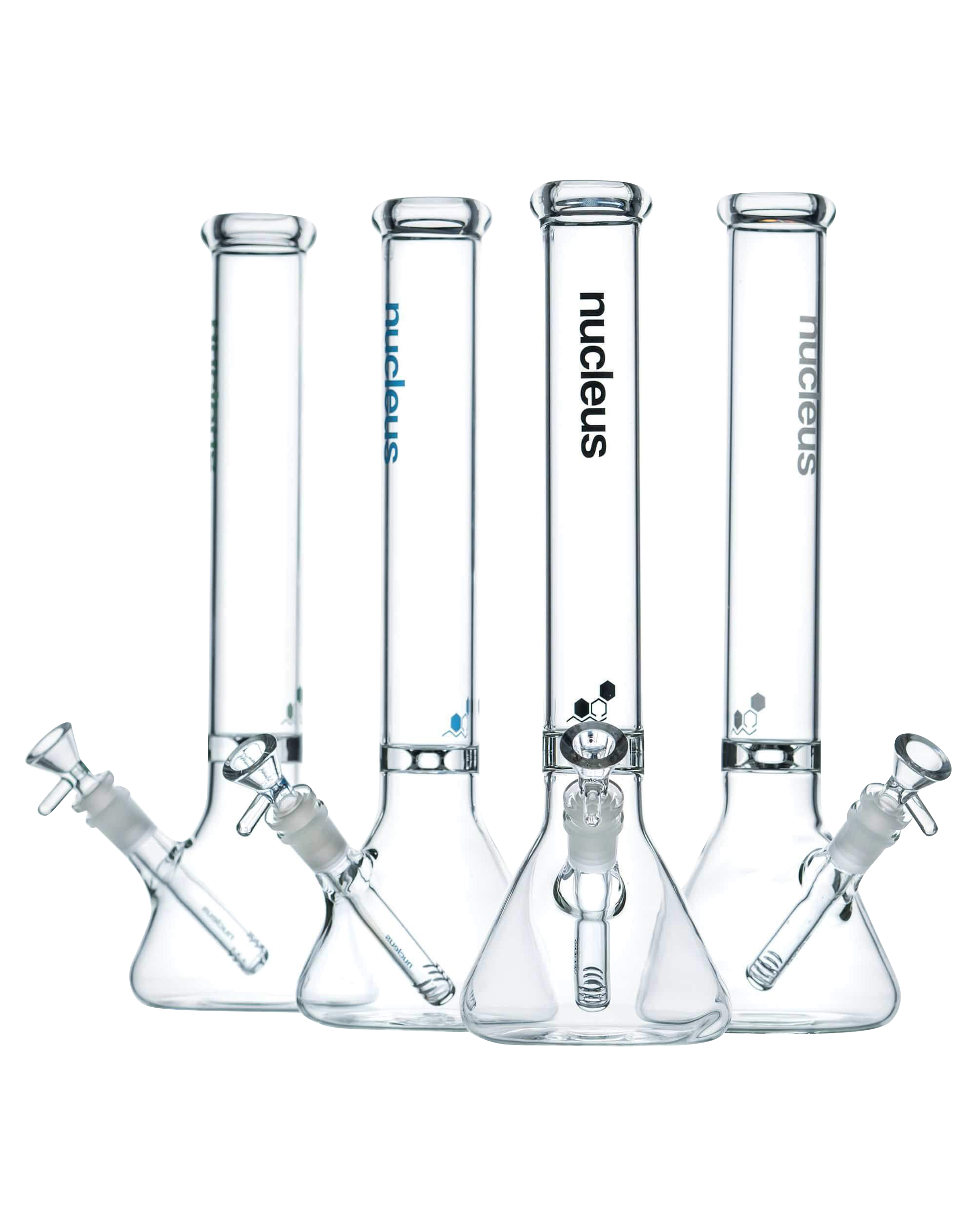 Front view of the Nucleus 12" Beaker Bong with Donut Style Ice Catcher, displaying its clear glass construction and classic beaker shape.