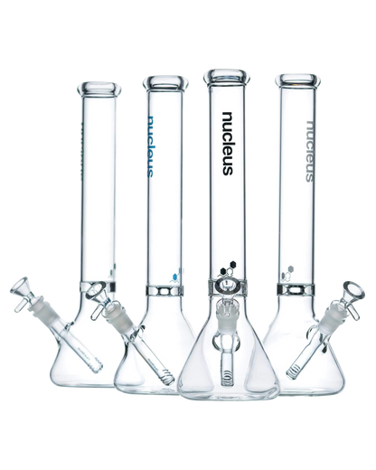 Front view of the Nucleus 12" Beaker Bong with Donut Style Ice Catcher, displaying its clear glass construction and classic beaker shape.