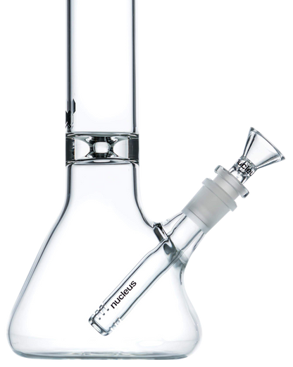 A front view of the Nucleus 12" Beaker Bong with Donut Style Ice Catcher, showcasing the clear glass construction and rounded base.