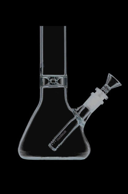 A front view of the Nucleus 12" Beaker Bong with Donut Style Ice Catcher, showcasing its clear glass construction and cylindrical shape.