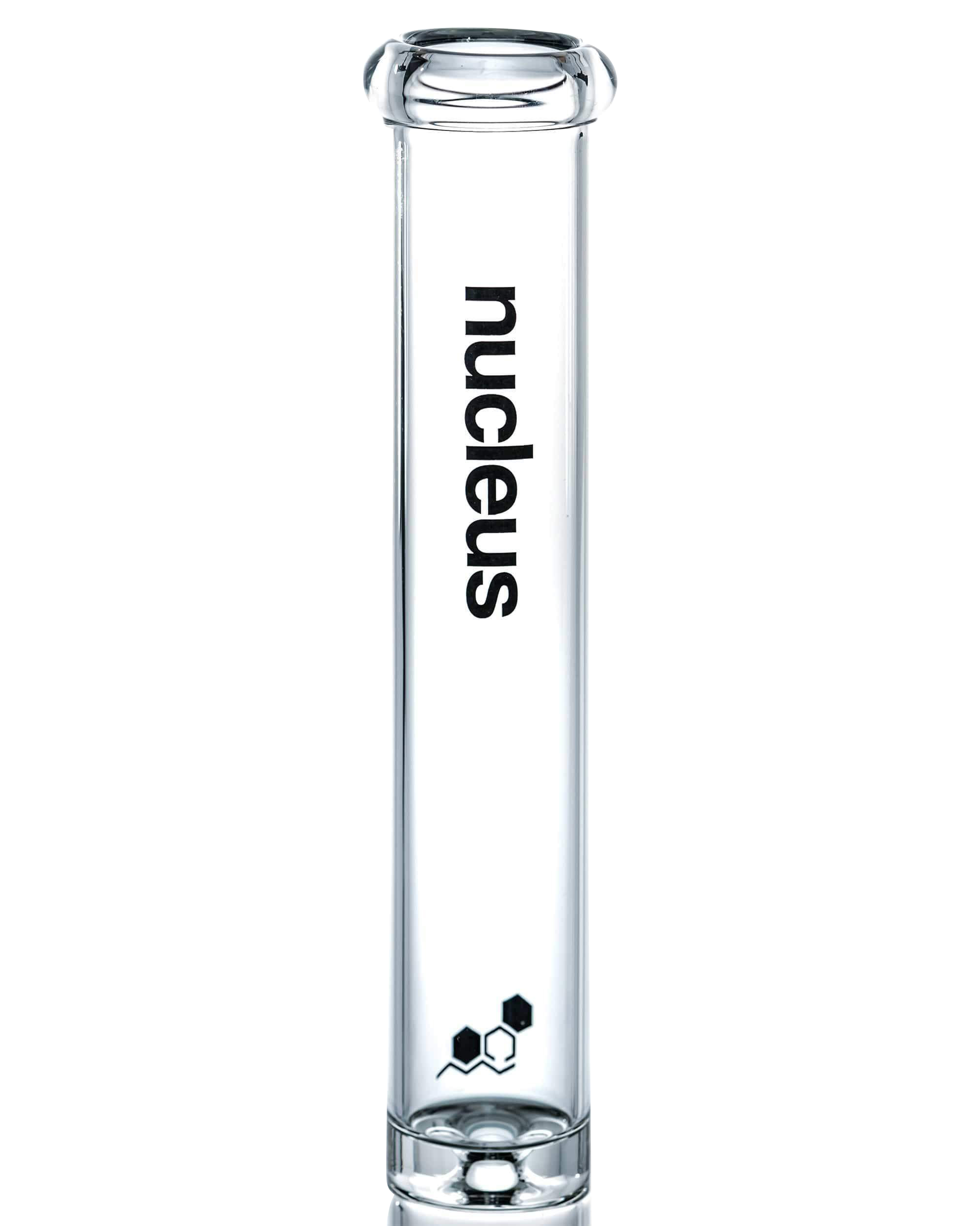 Front view of the Nucleus 12" Beaker Bong with a simple, clear glass design and visible donut-style ice catcher.
