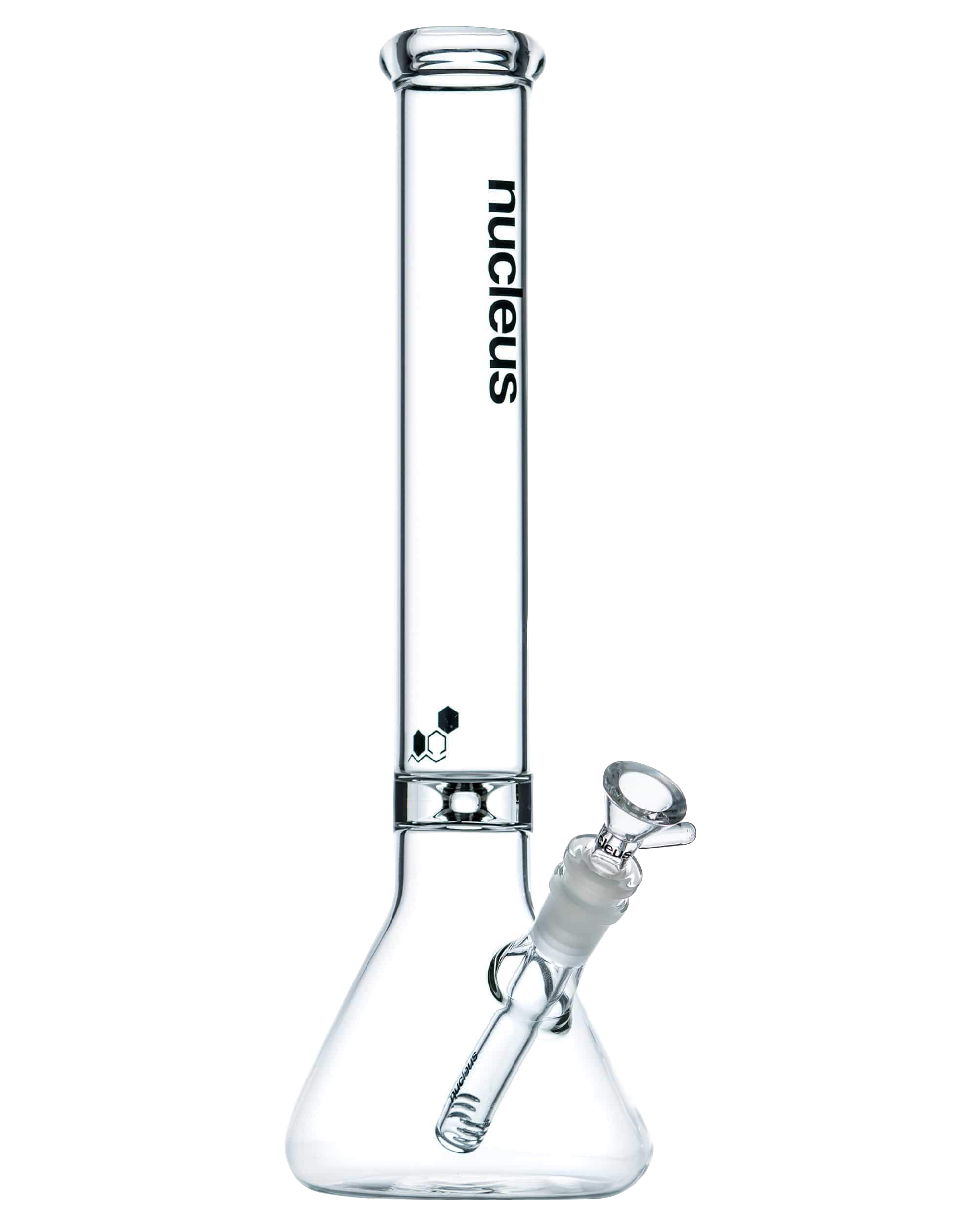 Front view of the Nucleus 12" Beaker Bong with Donut Style Ice Catcher, showcasing the clear glass and simple beaker shape.