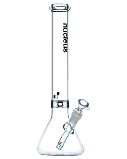 Front view of the Nucleus 12" Beaker Bong with Donut Style Ice Catcher, showcasing the clear glass and simple beaker shape.
