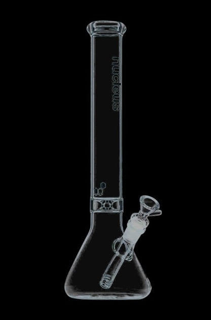 A front view of the Nucleus 12" Beaker Bong with Donut Style Ice Catcher, highlighting its clear glass construction and beaker shape.