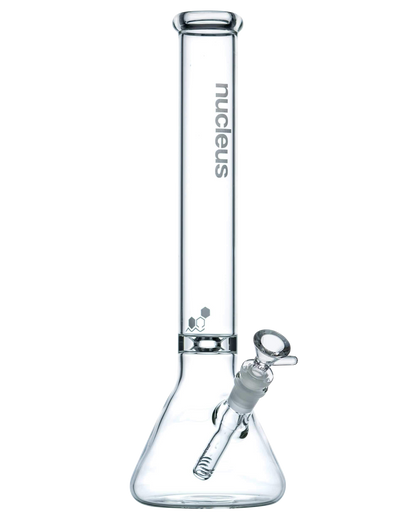 A front view of the Nucleus 12" Beaker Bong with Donut Style Ice Catcher, showcasing its clear glass construction and classic beaker shape.