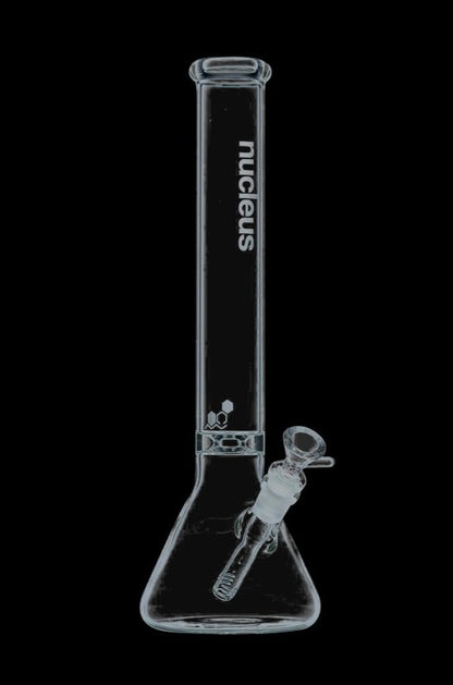 A front view of the Nucleus 12" Beaker Bong with Donut Style Ice Catcher, featuring a clear glass construction and simple beaker shape.