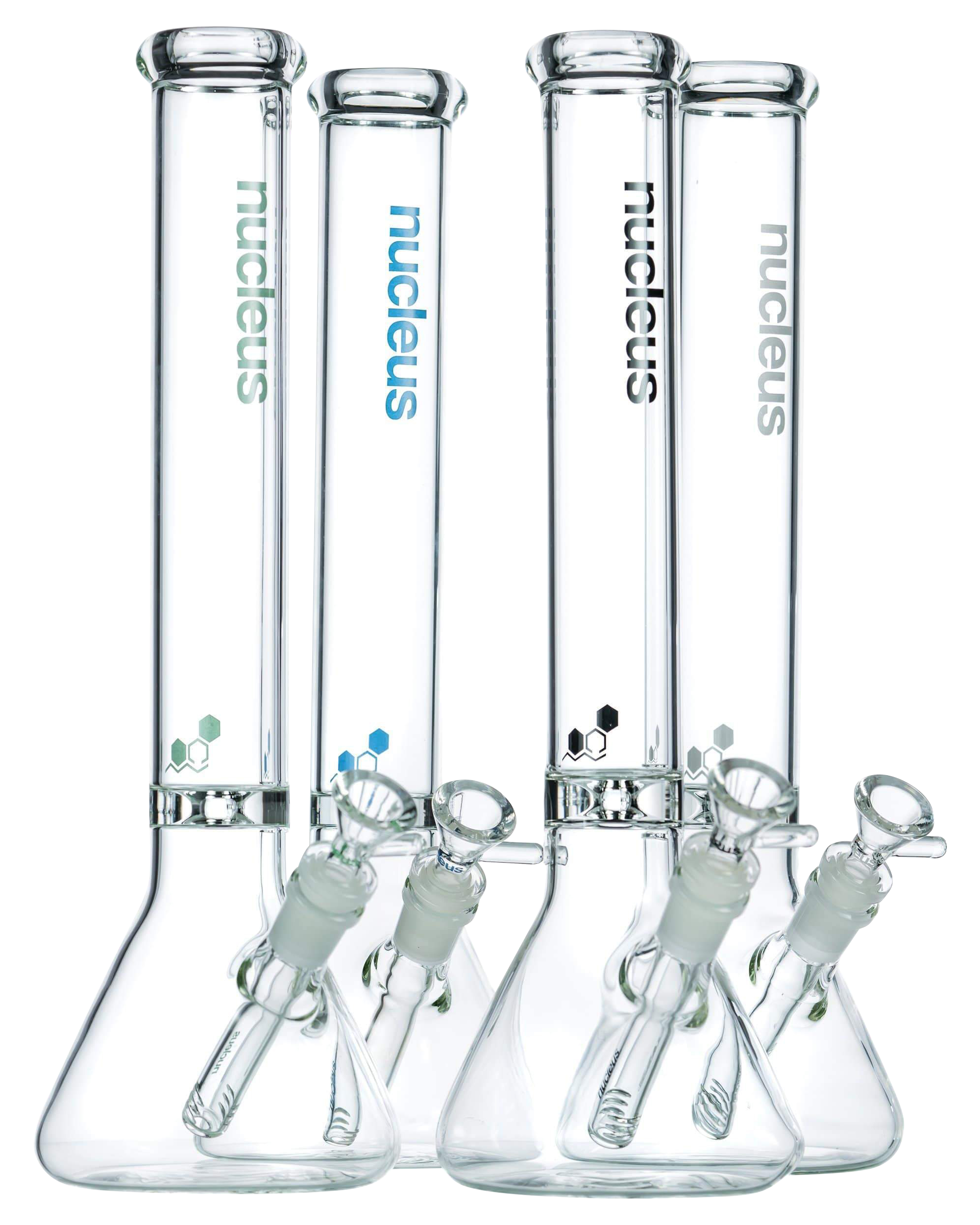 Front view of the Nucleus 12" Beaker Bong with Donut Style Ice Catcher, showcasing its clear glass construction and simple beaker shape.