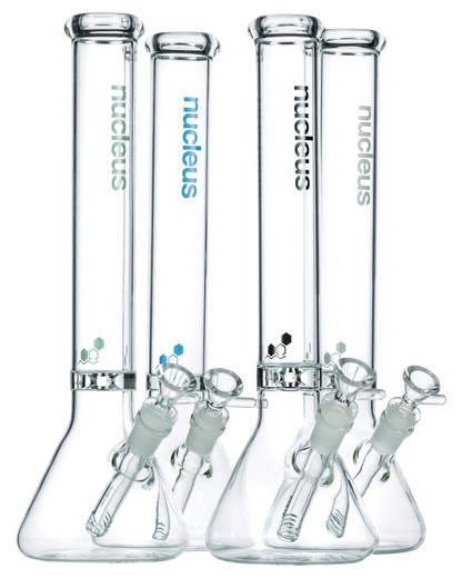 Front view of the Nucleus 12" Beaker Bong with Donut Style Ice Catcher, showcasing its clear glass construction and simple beaker shape.