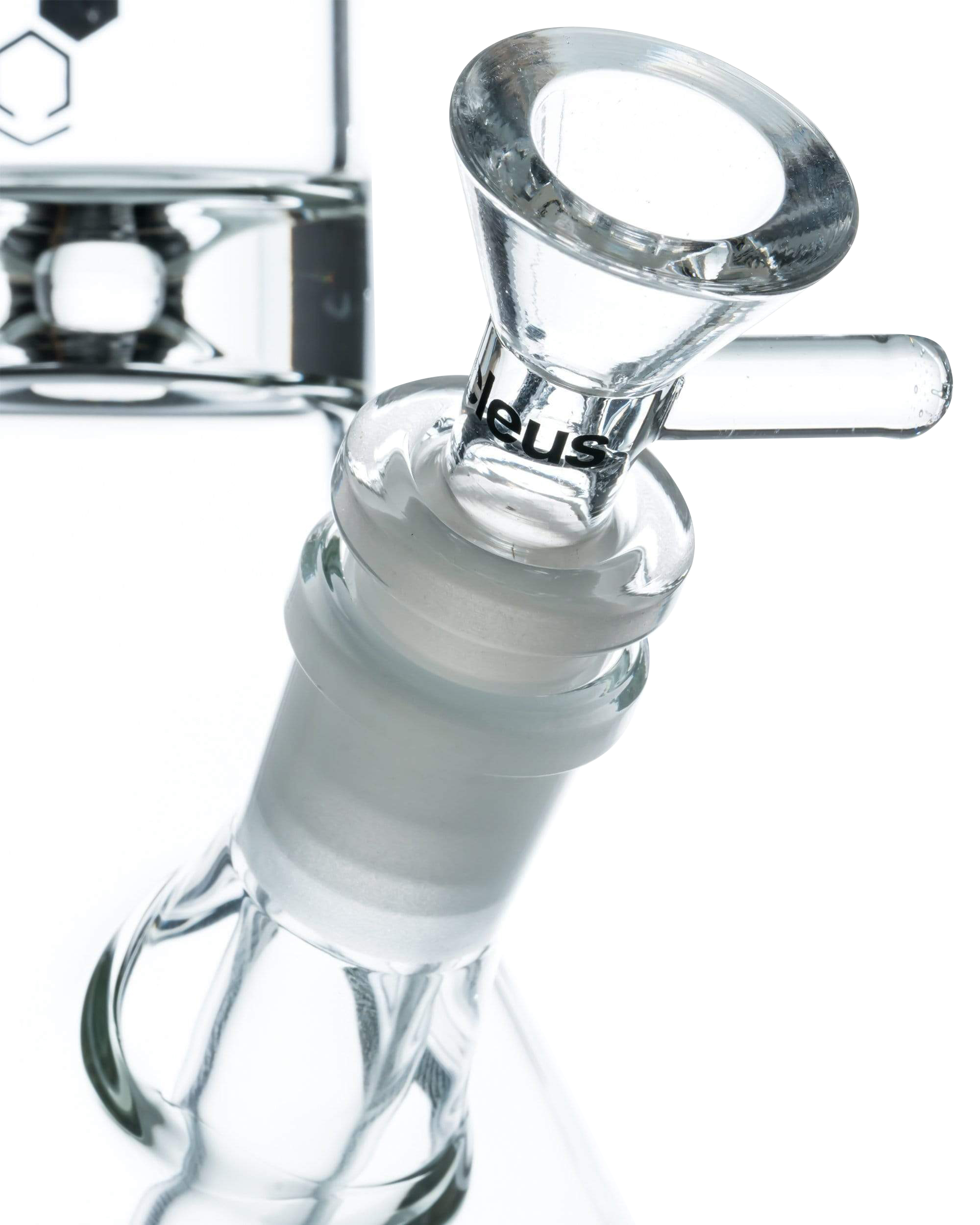 Close-up of the Nucleus 12" Beaker Bong’s joint, highlighting the clear glass and simple donut style ice catcher.