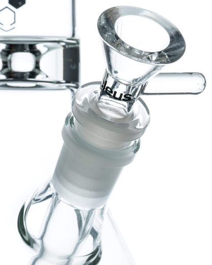 Close-up of the Nucleus 12" Beaker Bong’s joint, highlighting the clear glass and simple donut style ice catcher.