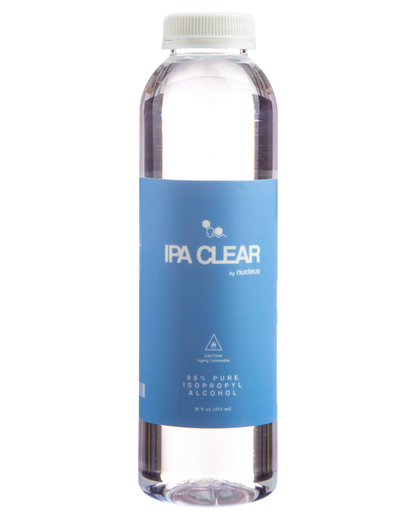 Front view of the Nucleus "IPA Clear" 99% Pure Isopropyl Alcohol in a clear plastic bottle against a plain white background.