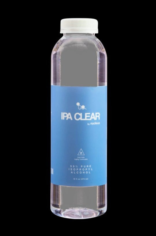 Front view of the Nucleus "IPA Clear" 99% Pure Isopropyl Alcohol in a clear plastic bottle with a silver cap.