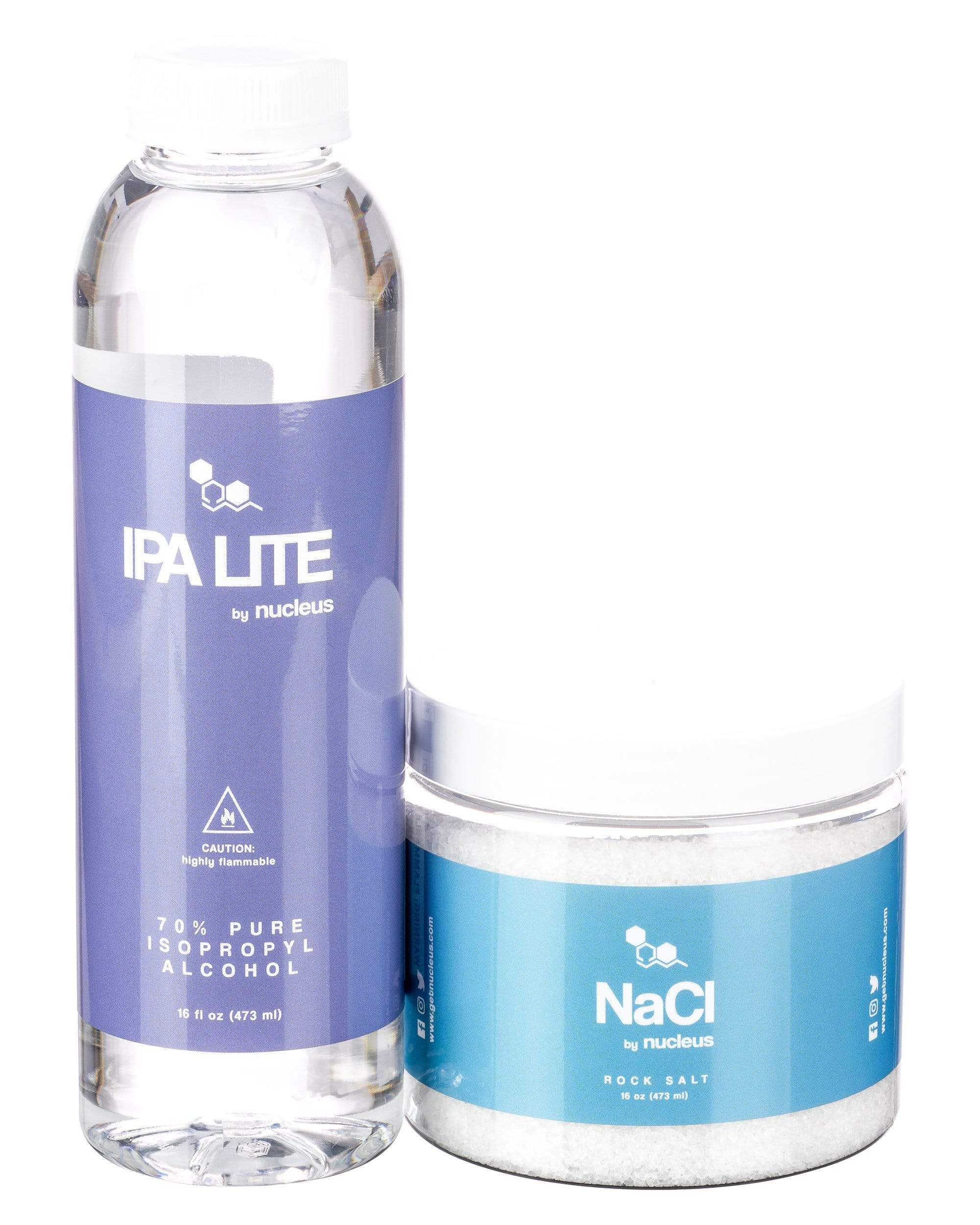 Two containers—one clear with blue label reading “IPA Lite 70% Pure Isopropyl Alcohol, ” the other white with a blue label reading “NaCl Rock Salt”—displayed against a white background.