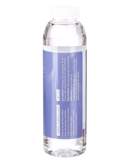 Clear liquid in a plastic bottle with warning labels regarding flammability, skin/eye contact, and ingestion.