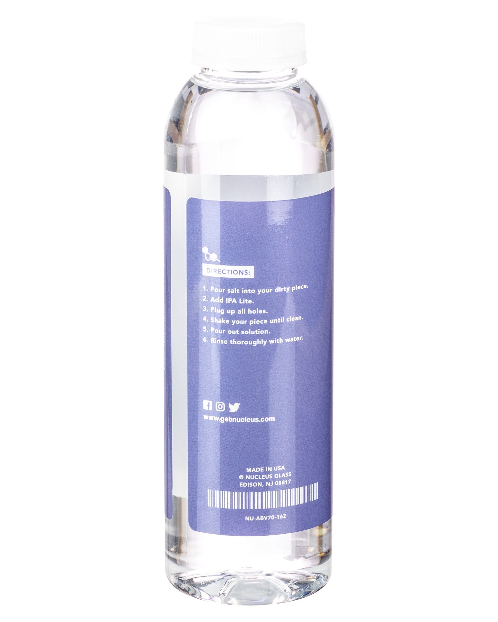 Clear plastic bottle filled with cleaning solution, labeled with instructions for cleaning cannabis pipes and accessories.