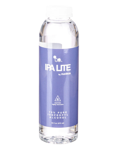 A clear plastic bottle labeled “IPA Lite by Nucleus” with a caution symbol and “70% Pure Isopropyl Alcohol” printed on the label.