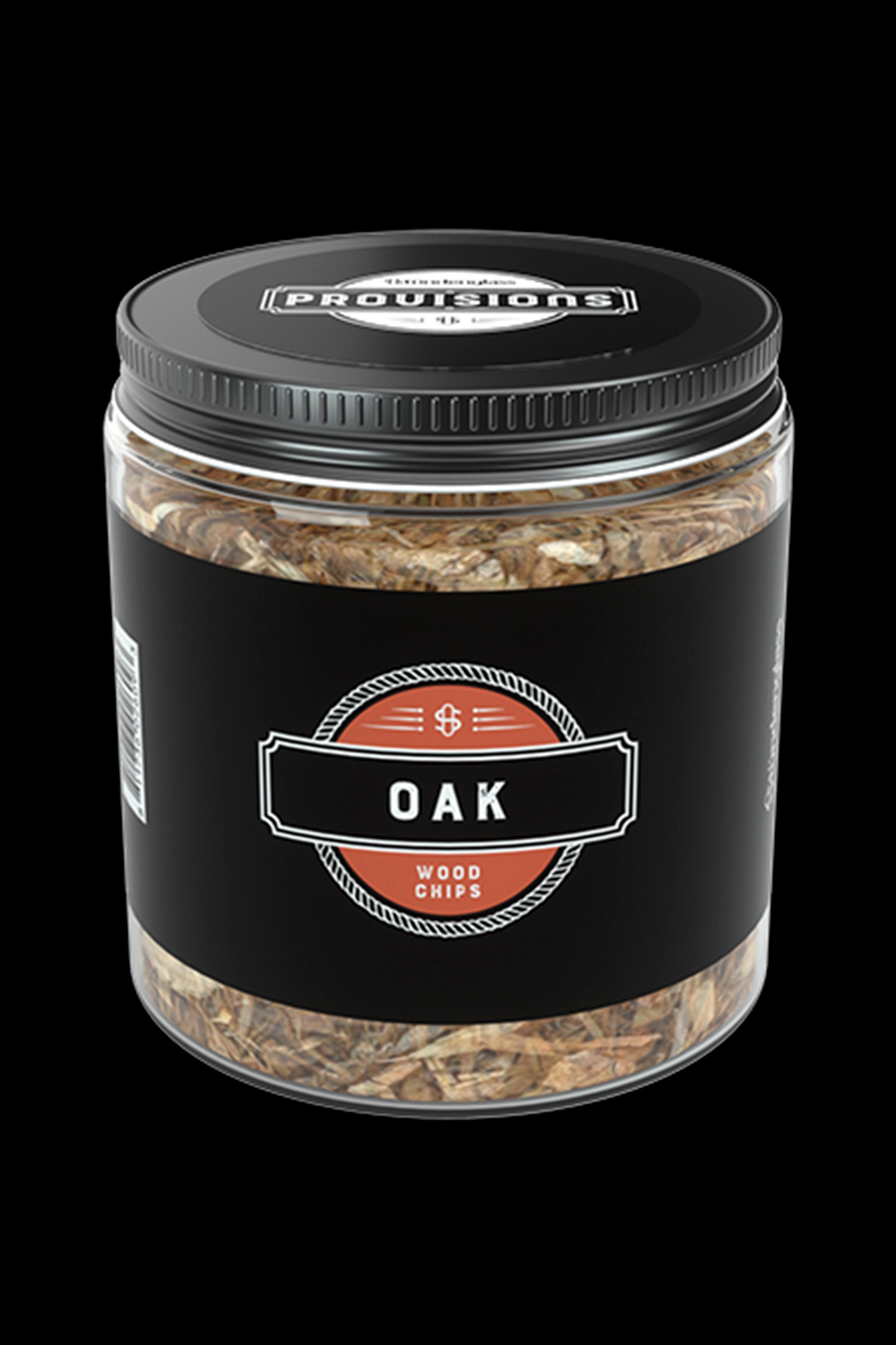 Glass jar filled with wood chips labeled "Oak" with cannabis leaf-inspired branding.