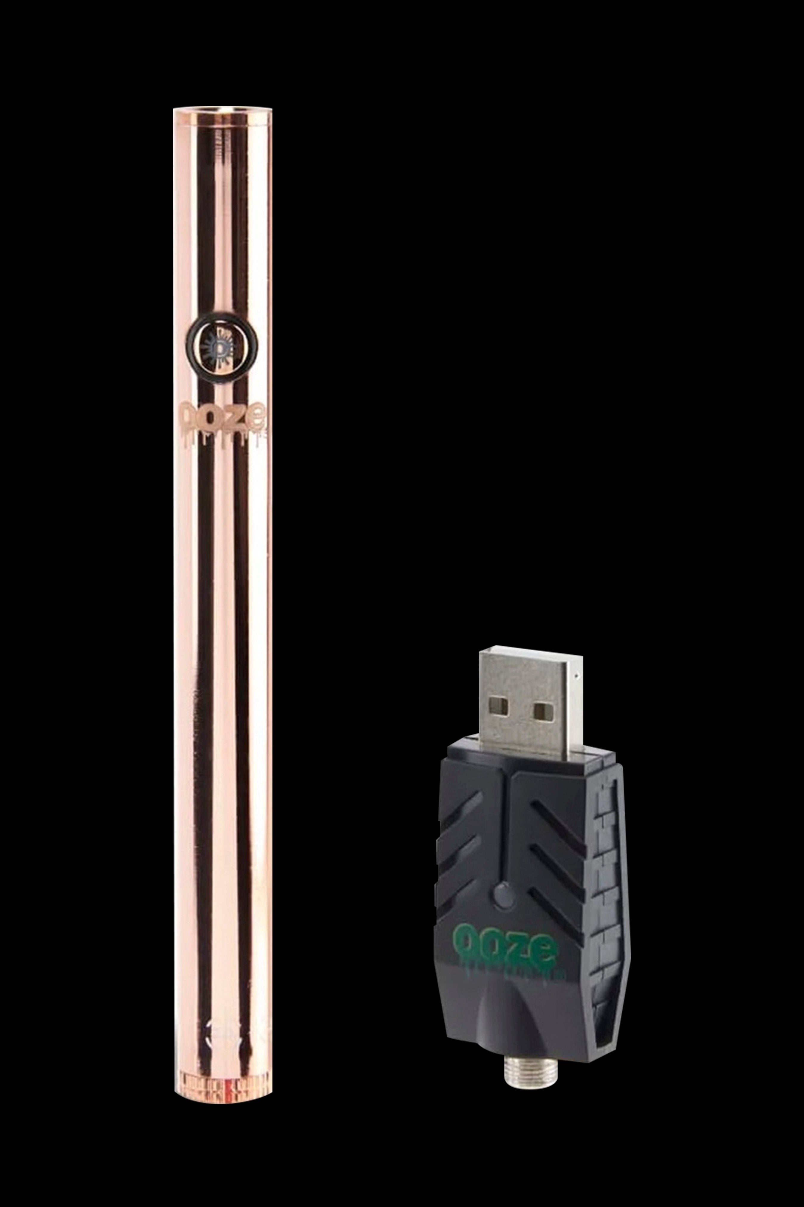 Rose gold vape pen and USB charger with “OOZE” branding.
