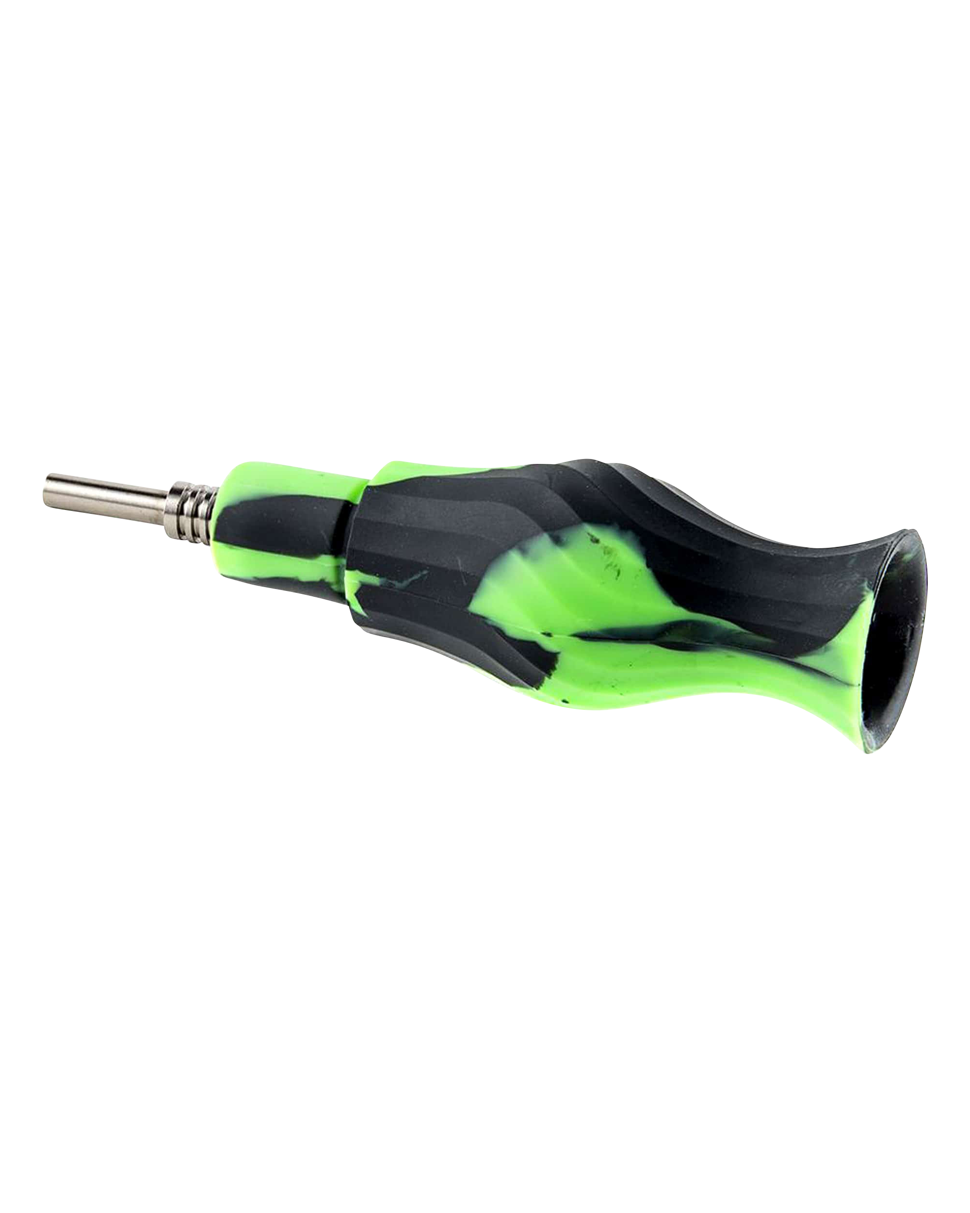 A close-up, angled view of the Clobb 4 in 1 Silicone Pipe, showcasing its dark and light green color scheme.