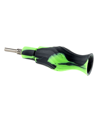 A close-up, angled view of the Clobb 4 in 1 Silicone Pipe, showcasing its dark and light green color scheme.