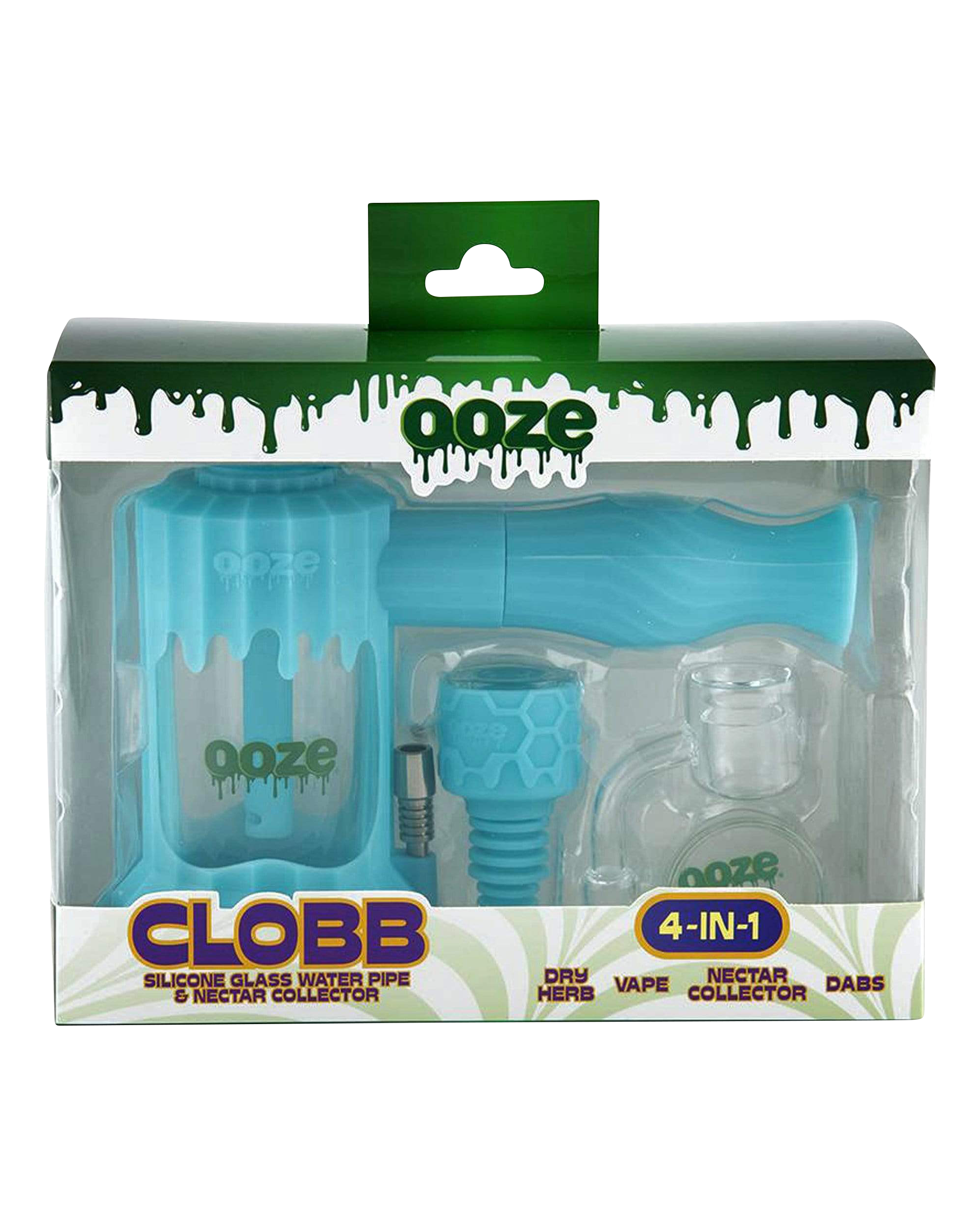 Front view of the Clobb 4 in 1 Silicone Pipe in a clear plastic case, showcasing its rounded design and branded packaging.
