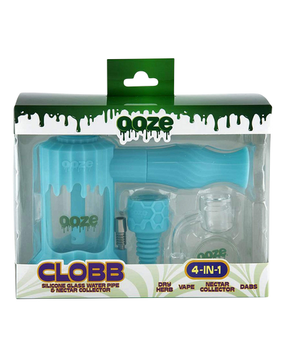 Front view of the Clobb 4 in 1 Silicone Pipe in a clear plastic case, showcasing its rounded design and branded packaging.