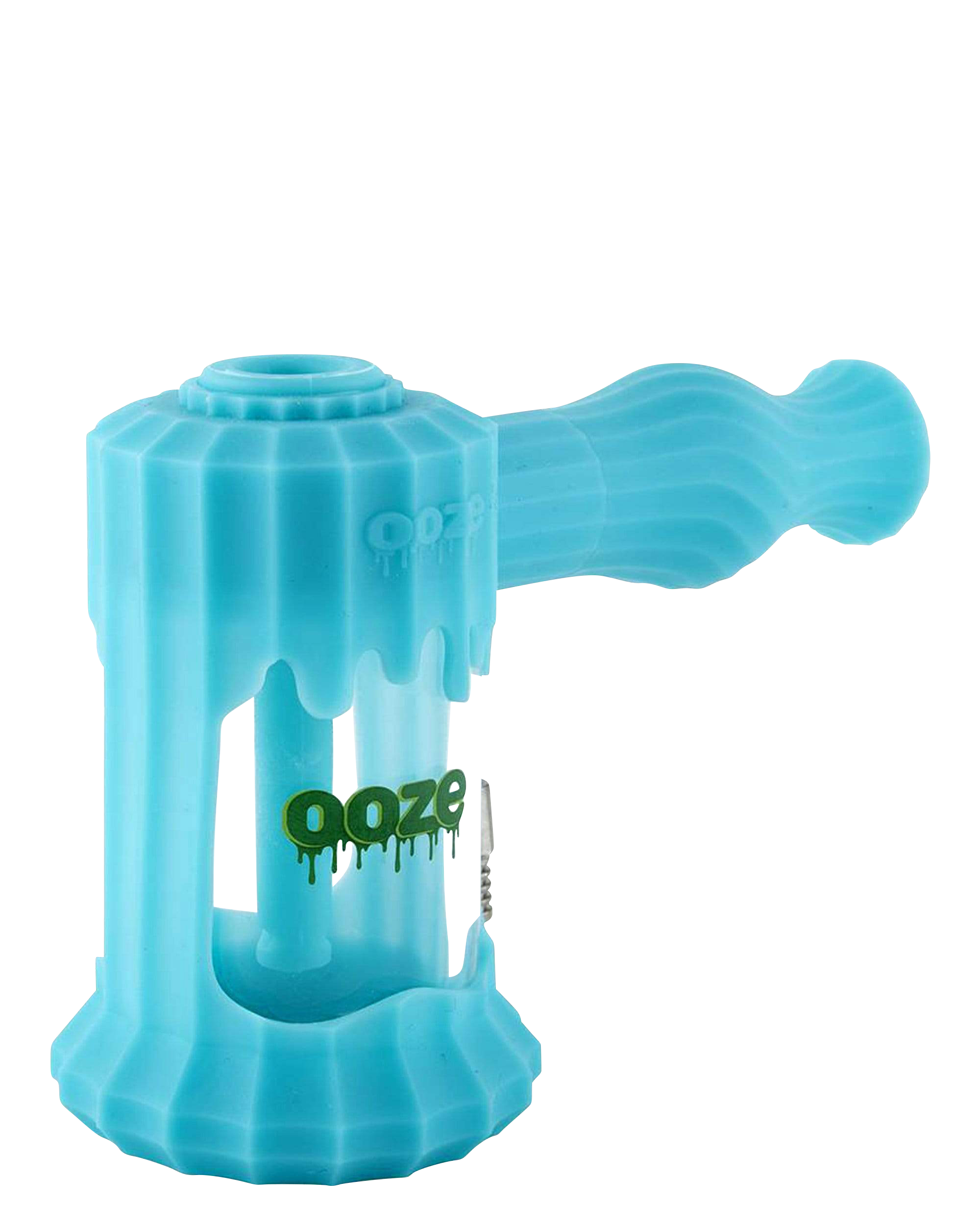 Front view of the Clobb 4 in 1 Silicone Pipe, a blue pipe with a wavy form and smooth texture, set against a white background.