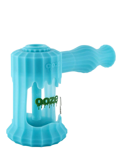 Front view of the Clobb 4 in 1 Silicone Pipe, a blue pipe with a wavy form and smooth texture, set against a white background.