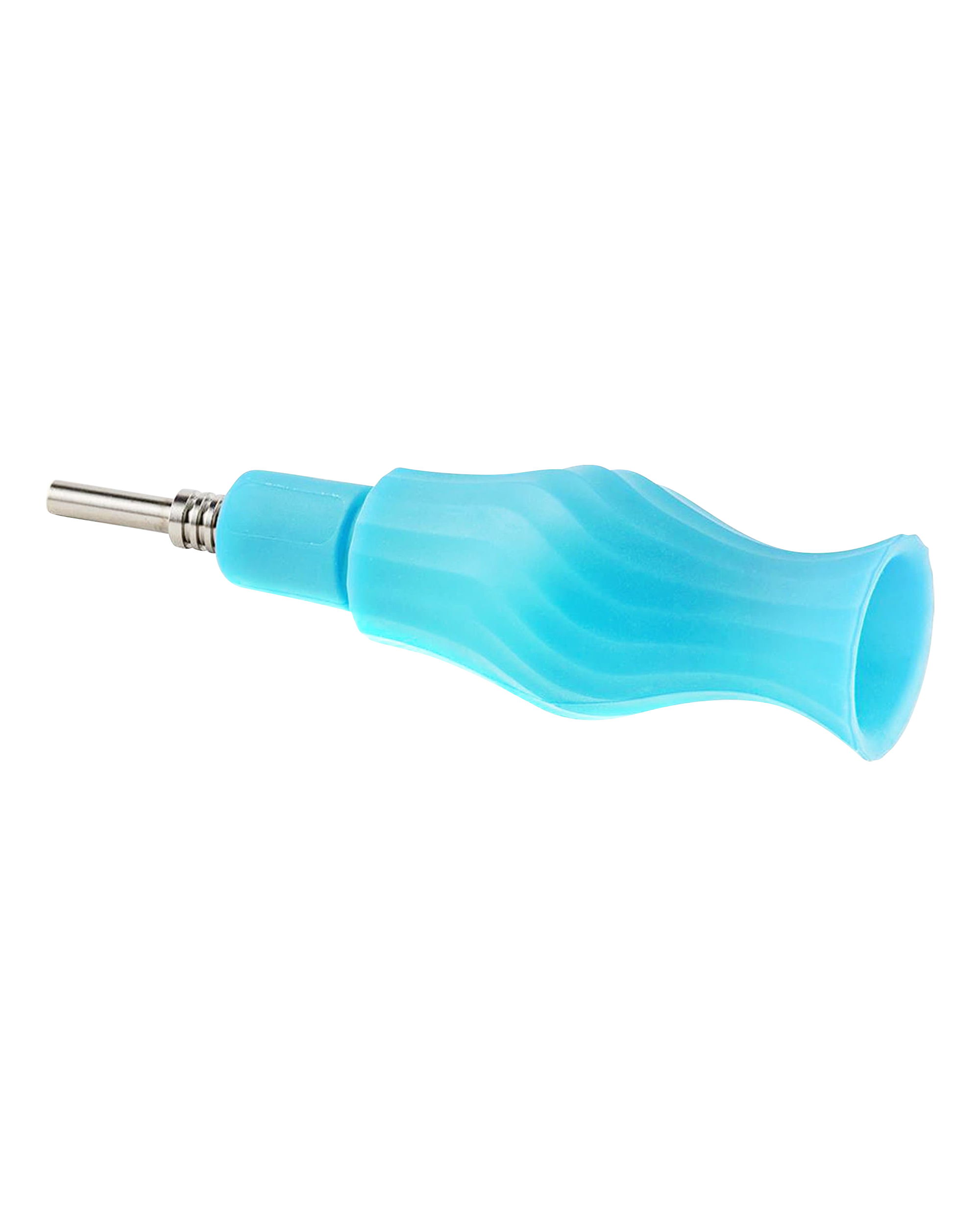 A close-up, angled view of the Clobb 4 in 1 Silicone Pipe in blue, highlighting its textured, curved design.