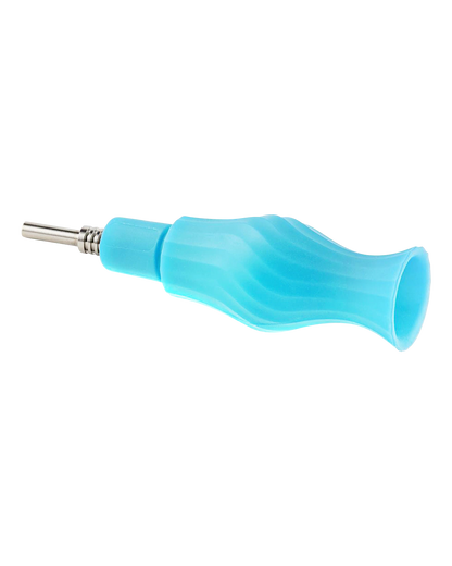 A close-up, angled view of the Clobb 4 in 1 Silicone Pipe in blue, highlighting its textured, curved design.