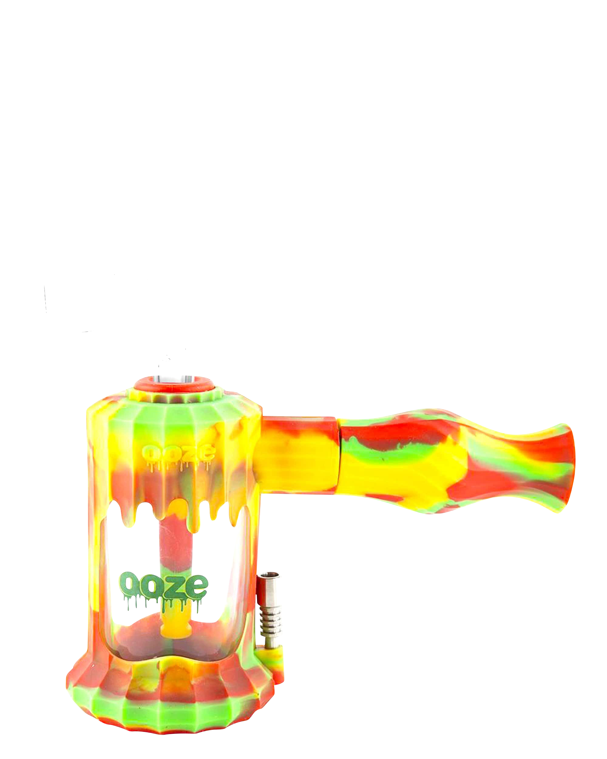 A close-up, angled view of the Clobb 4 in 1 Silicone Pipe, showcasing its vibrant, multi-colored design against a white background.