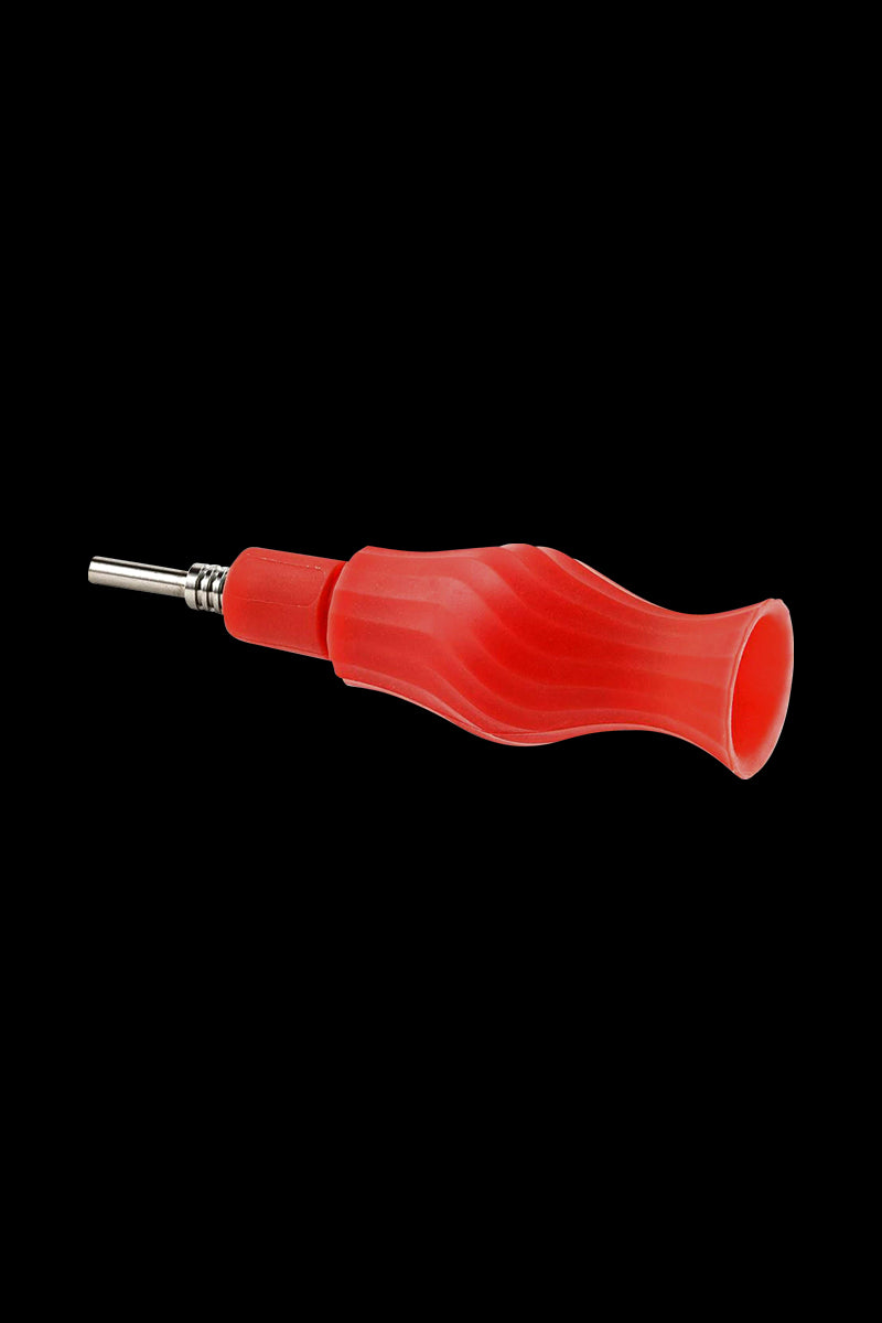 A close-up, angled view of the Clobb 4 in 1 Silicone Pipe, showcasing its red, textured grip and tapered mouthpiece.