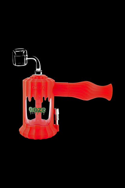A front view of the Clobb 4 in 1 Silicone Pipe, showcasing the red, multi-functional design with a curved mouthpiece.