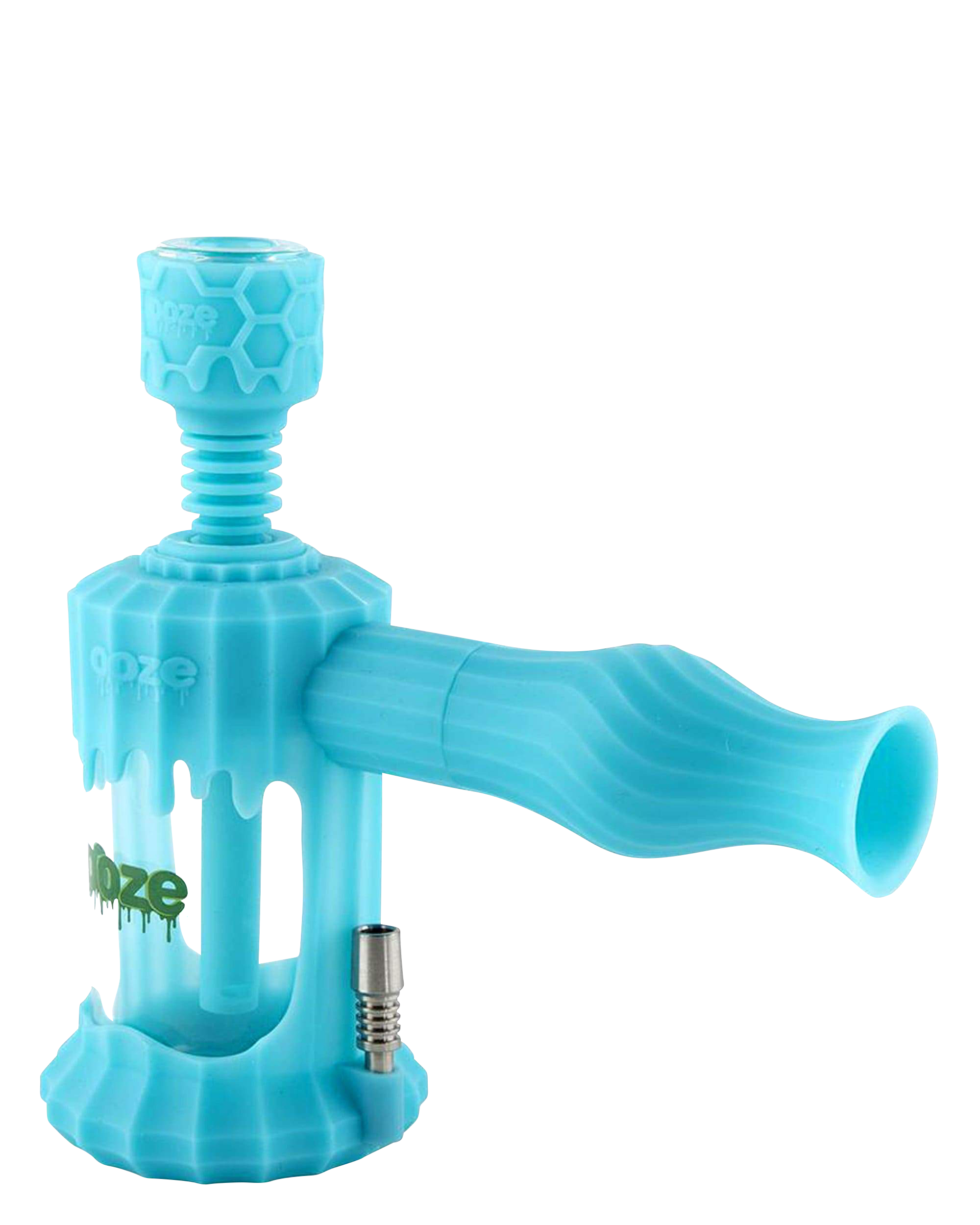 Front view of the Clobb 4 in 1 Silicone Pipe, a flexible, blue pipe with a textured surface and visible mouthpiece.