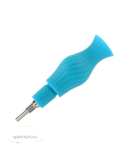 A close-up view of the Clobb 4 in 1 Silicone Pipe, showcasing its smooth, blue silicone construction and unique design.