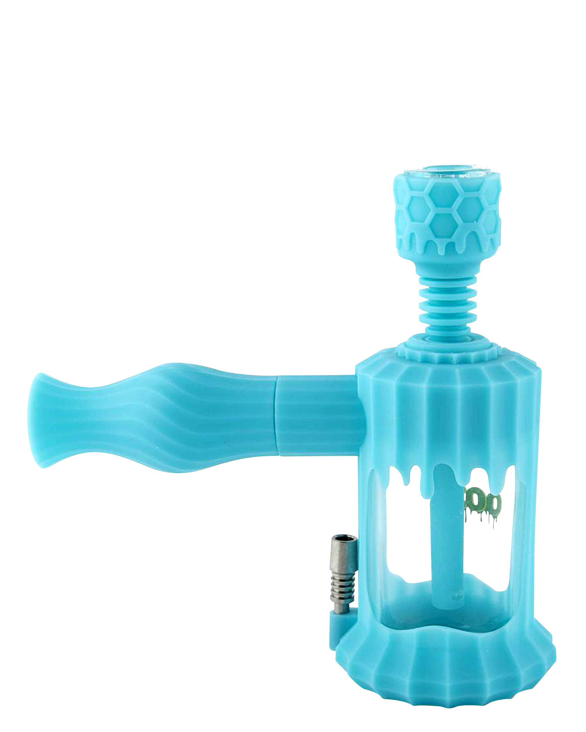 A close-up, angled view of the Clobb 4 in 1 Silicone Pipe, showcasing its unique textured design and vibrant blue color.