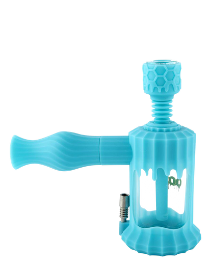 A close-up, angled view of the Clobb 4 in 1 Silicone Pipe, showcasing its unique textured design and vibrant blue color.