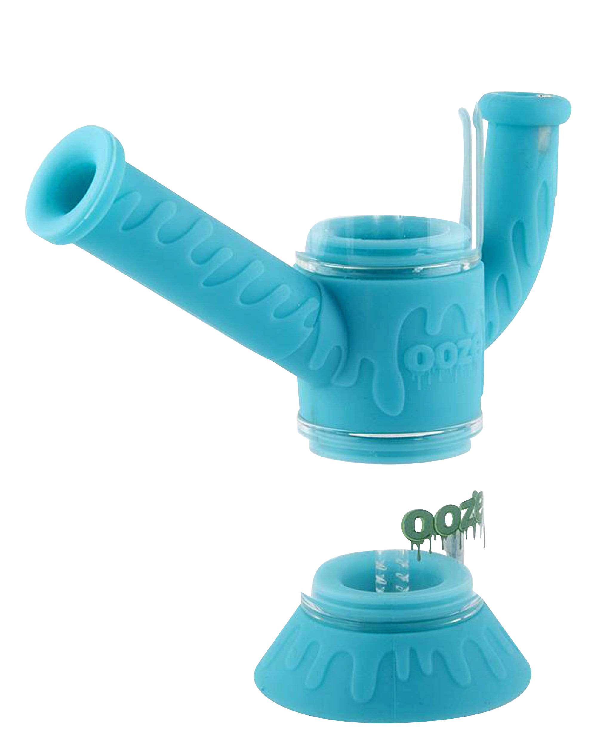 A front view of the Ooze "Cranium" Silicone 4-in-1 Glass Water Pipe, showcasing its colorful silicone wrap and glass construction.