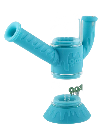 A front view of the Ooze "Cranium" Silicone 4-in-1 Glass Water Pipe, showcasing its colorful silicone wrap and glass construction.