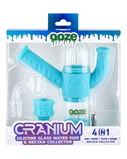 A studio shot of the Ooze “Cranium” Silicone 4-in-1 Glass Water Pipe, angled to display its clear glass construction and colorful accents.