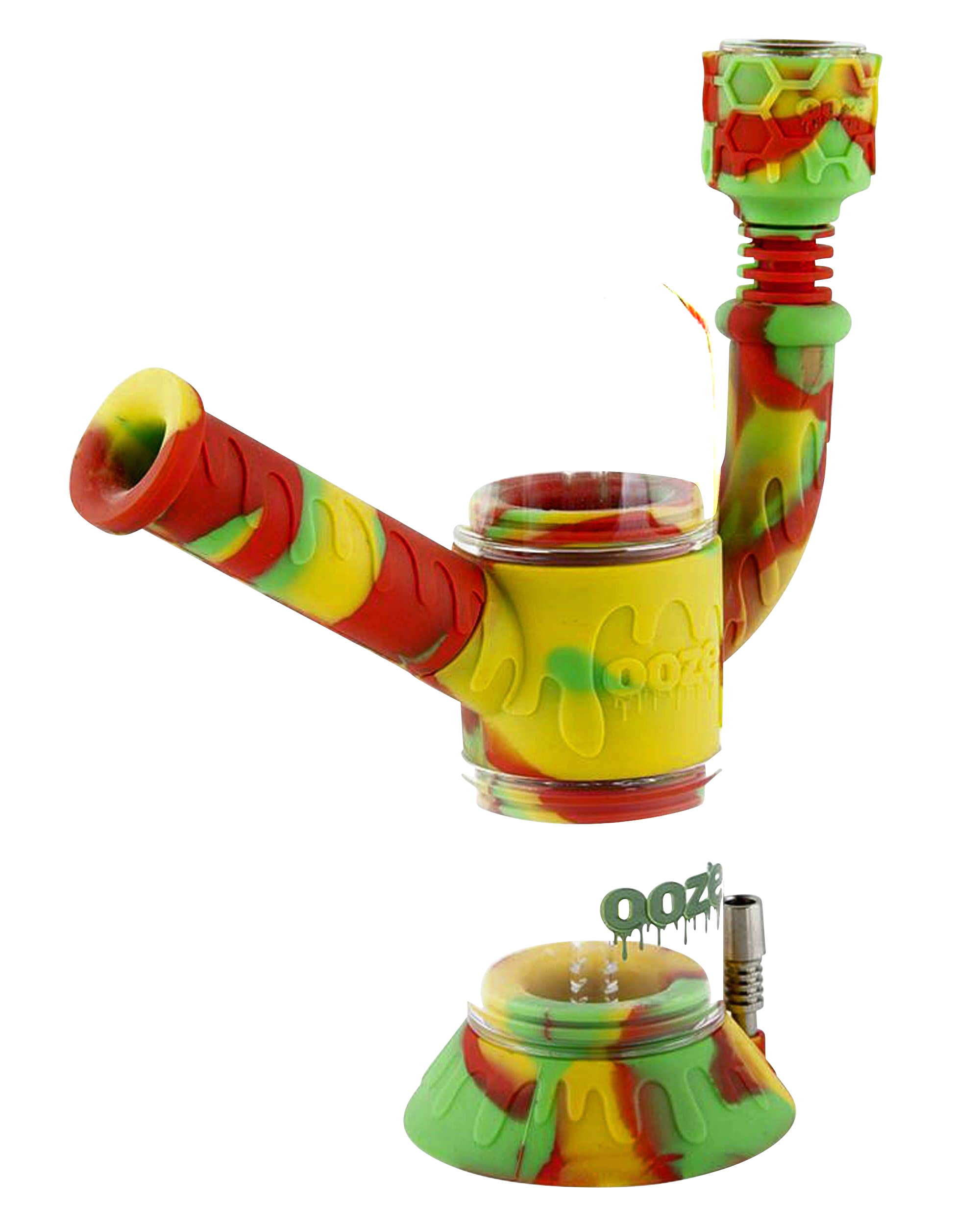 Front view of the Ooze “Cranium” Silicone 4-in-1 Glass Water Pipe, showcasing its colorful, sculpted design and glass bowl.